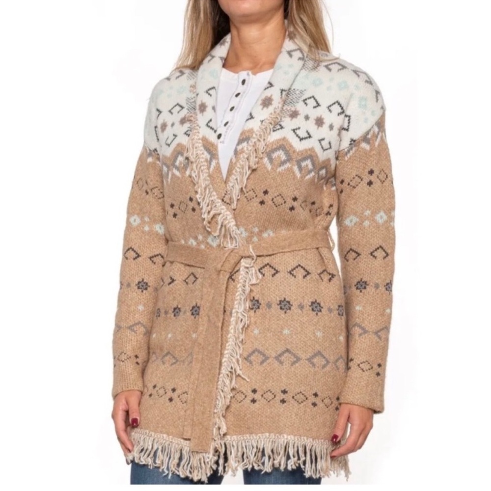 Lucky Brand White Brown Geometric‎ Print Cotton Blend Cardigan Front Tie Closure